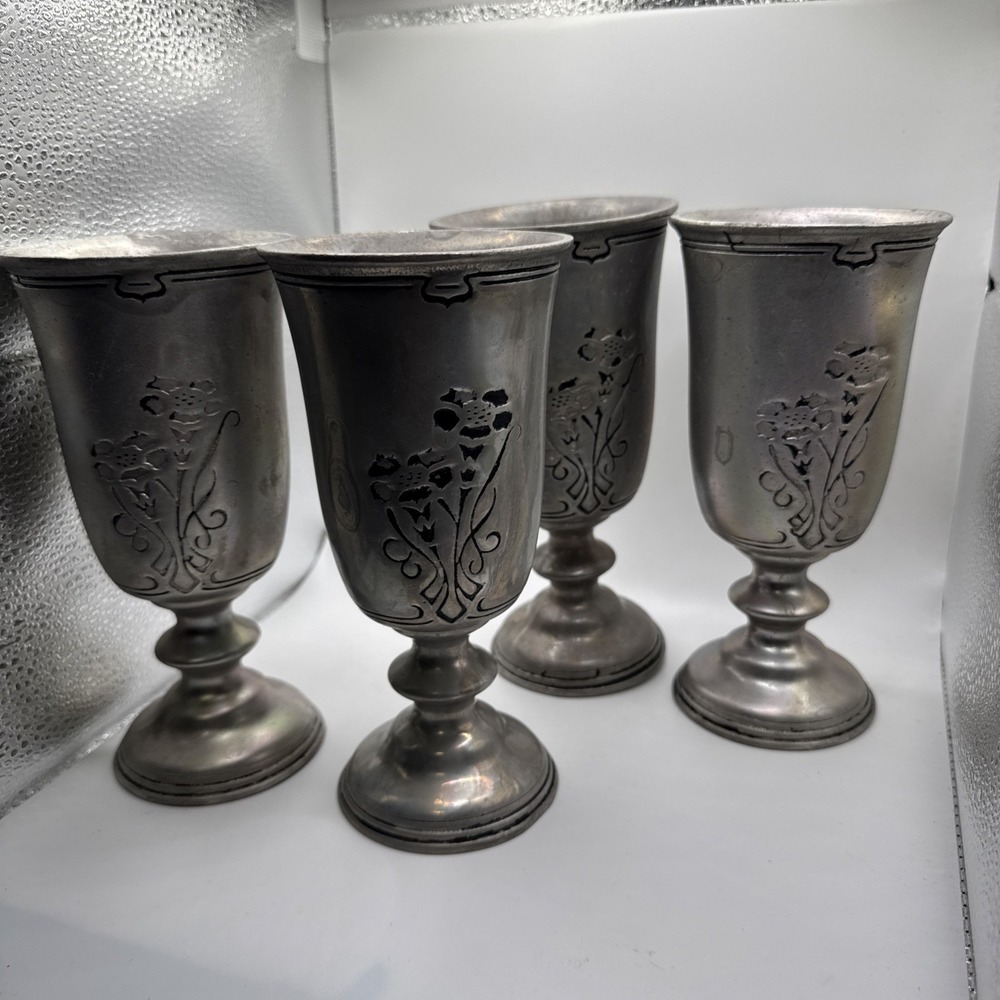 Vintage Wilton Armetale Fleurs Nouveau Goblets Set of 4 Pewter 7" USA